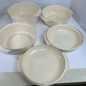 VTG TUPPERWARE 5pc Microwave Stack Cooker 3qt strainer lid almond bowl casserole